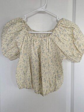 Blue Floral Puff Sleeve Crop Top from Olive - One Size